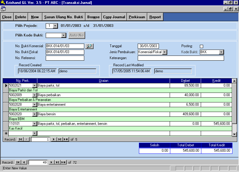contoh menu input transaksi jurnal fiskal/komersial